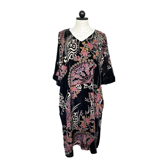 Ulla Popken Burnout Velvet Dress Floral & Fans Print Fits 18/20 - Picture 12 of 16